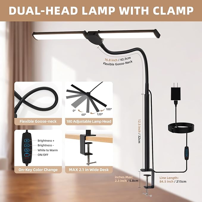 LED Desk Lamp for Home Office, Double Head Architect Light with Clamp, Computer Monitor Clip on Light, 3 Modes and 10 Brightness, Adjustable Flexible Goose-Neck, Table Task Lamp, Black