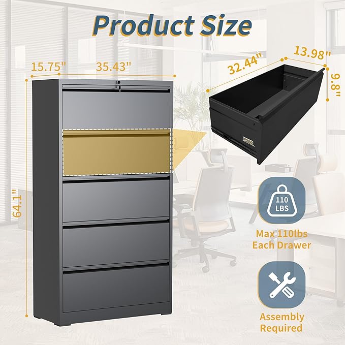 5 Drawer File Cabinet with Lock, Lateral Filing Cabinets,Metal Storage Filing Cabinets for Home Office, Heavy Duty File Cabinet for Letter/Legal/A4/F4 Size Amsseble Required, Black