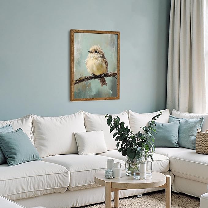 AVECCO Framed Vintage Funny Birds Canvas Wall Art, Bird Rustic Farmhouse Wall Decor, Unique Animal Art Prints for Kid's Room Bathroom Bedroom Living Room Office Home Decoration Ready to Hang 16x24 In