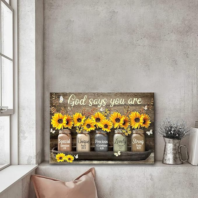 Parylore Vintage Sunflower Wall Art Canvas Christian Scripture Decor Print God Says You Are Painting Framed Modern Artwork For Living Room Bedroom Bathroom Office Home 12x16 In