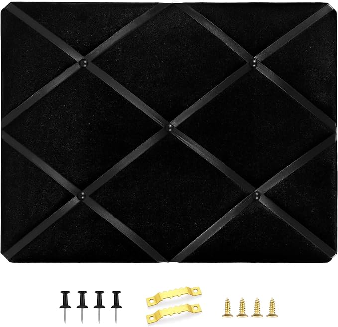 Black Fabric Memo Bulletin Board, 17x13 inches Velvet Pin Board for Wall, Vision Board Message Board Cork Board with Criss-Cross Ribbons for Home Office School Wall Decor(BK Velvet,4333)
