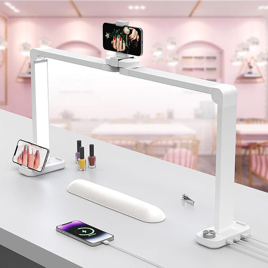Nail Desk Lamp for Nail Tech, Foldable 34in 48W Half Moon Light with Phone Holder and USB Charging Port, 3 Color Temperature Dimmable LED Desk Light (White)