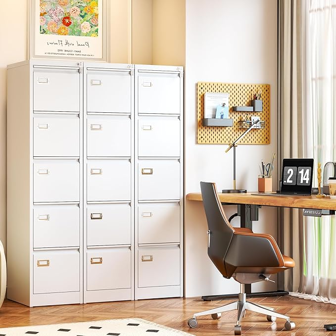 5 Drawer File Cabinet, White Metal Filing Cabinets with Lock Name Card Holder, Metal Vertical Filing Cabinets for Home Office, Steel Storage Cabinet fits Letter/Legal/A4 Size(Assembly Required)