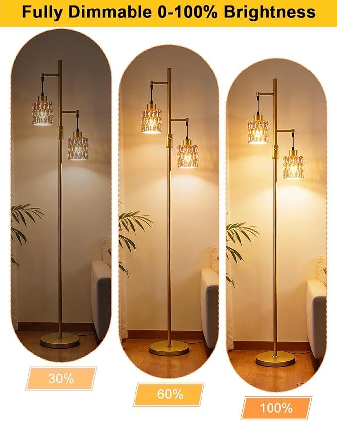 Lightdot 65IN Industrial Gold Floor Lamp for Living Room, 2- Light Dimmable Brown Glass Floor Lamps with 3000K Warm White Bulbs, Modern Farmhouse Tree Standing Tall Lamp for Bedroom Office Home Decor