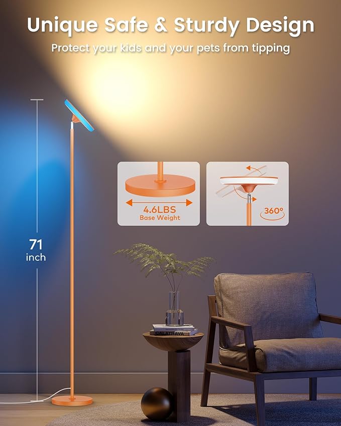 UFO LED Torchiere Floor Lamp with RGB Ambient Light, 42W 3700LM Bright Dimmable Sky Lamp,71in Modern Tall Standing Lamp with Remote Touch Control&Timer, Living Room Bedroom Office Gaming Room,Orange