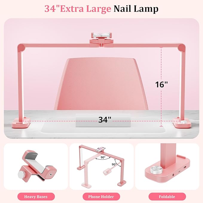 iVict Premium Large Nail Desks Light, 34" Foldable Lash Light for Eyelash with Phone Stand, 0-100% Adjustable Brightness, 3000K-6000K Color Temperature Led Desk lamp for Nail(Pink)