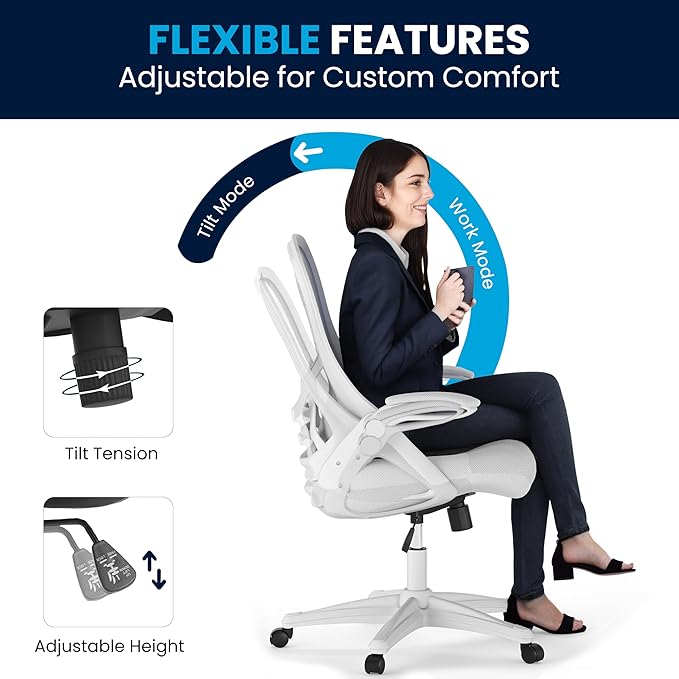 Flash Furniture Porter High-Back Swivel Office Chair with Adjustable Lumbar Support and Height, Ergonomic Mesh Desk Chair with Flip-Up Armrests, White