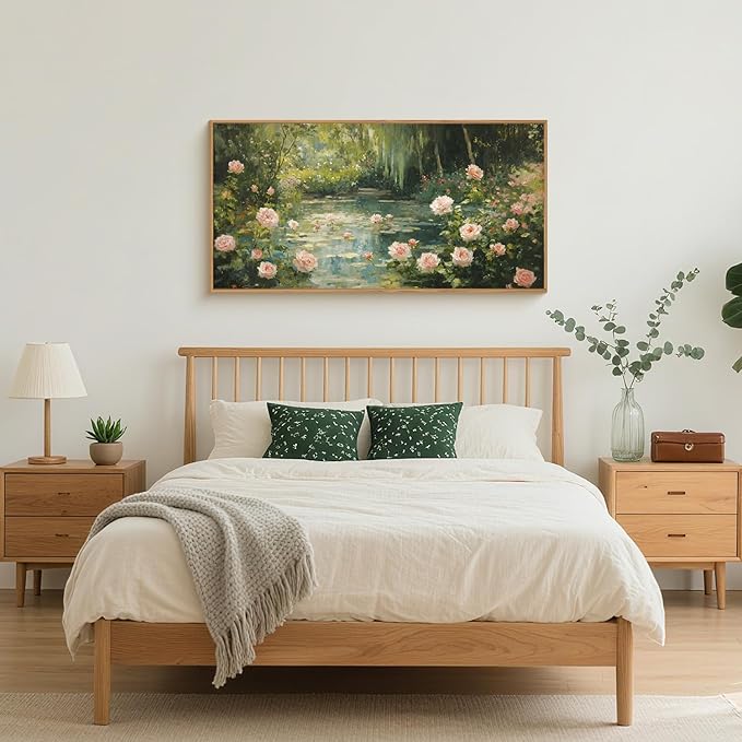 Aryroi Water Lilies Monet Framed Canvas Wall Art Set,Garden Pond Impressionist Floral Wall Decor,Vintage Oil Green Vibrant Flower Botanical Artwork for Living Room, Bedroom,Farmhouse-40 x20 x1