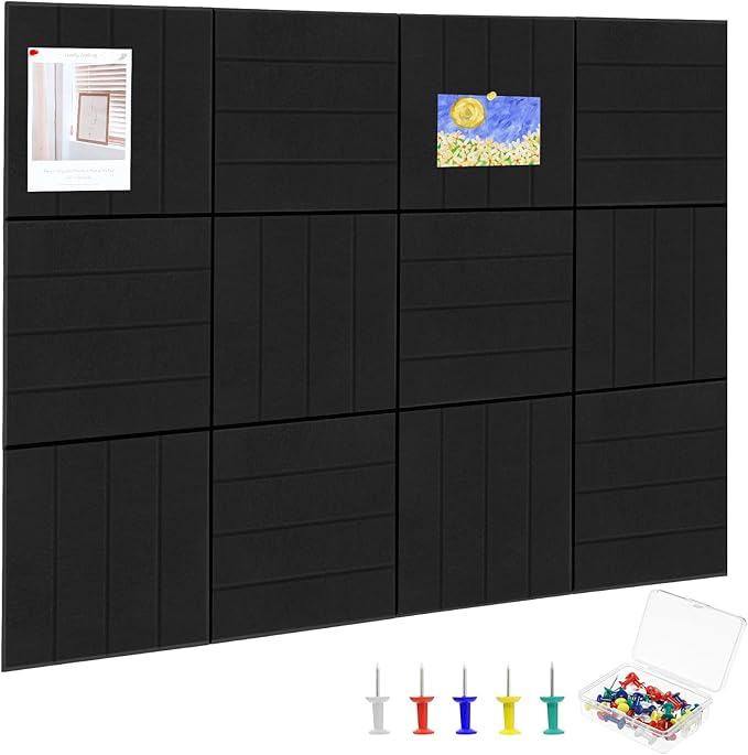 Felt Bulletin Board Tiles 48" x 36", 12-Pack Cork Board for Office, Pin Board with 60 Pushpins Cork Boards for Office Decor Walls Organizer, 70 Adhesive Tabs Included - Black