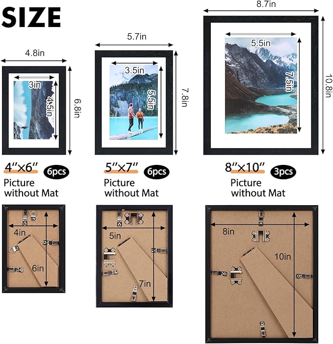 Fixwal Picture Frames Set, 15 Pack Black Picture Frames Collage Wall Decor for Assorted Photos, Three 8x10, Six 5x7, Six 4x6 for Wall Hanging or Tabletop Display