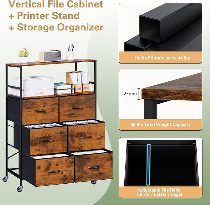 51" H Tall Mobile File Cabinet, Rolling Printer Stand with 6 Drawers, Adjustable Hanging Rails for A4/Letter/Legal Files, Fabric Vertical Filing Cabinet for Home Office, Rustic Brown
