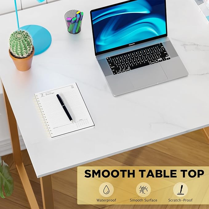 Dkelincs 32 Inch Small Computer Desk Home Office Desk Writing Desk Modern Simple Style Study Work Table with Metal Frame, Easy Assembly, Adjustable Feet, Water-Resistant, Scratchproof Surface, Gold