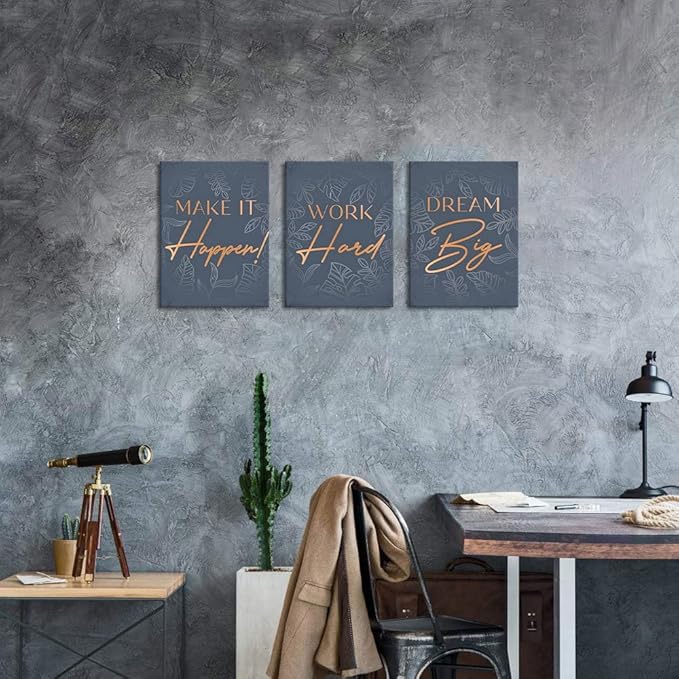 Inspirational Wall Art for Office - 3 Piece Dream Big Work Hard Make It Happen Motivational Posters Positive Quotes Wall Decor Entrepreneur Pictures Framed Canvas Print for Workplace Home, 12"x16"x3