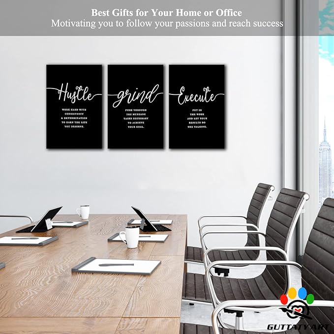 Office Wall Art - 3 Panel Motivational Canvas With Inspirational Quotes for Home Office Decor, Positive Entrepreneur Words Poster Frame for Company 16"x24"x3Pcs