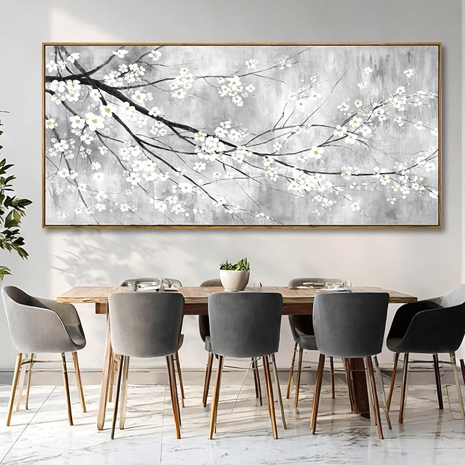 Large White Black Gray and Gold Plum Blossom Canvas Wall Art Framed Modern Zen Nature Floral Posters for Bedroom Living Room Office Hallway Wall Decor 40x88 Inch