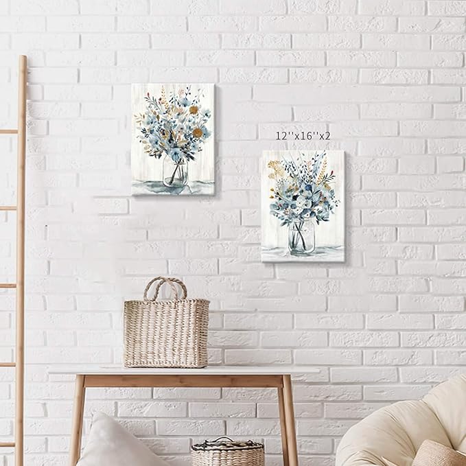 Hardy Gallery Floral Canvas Wall Art Prints: Abstract Blossom Flower Bouquet in Glass Bottle Picture Print on Canvas Small Size for Dining Room (12'' x 16'' x 2 Panels)