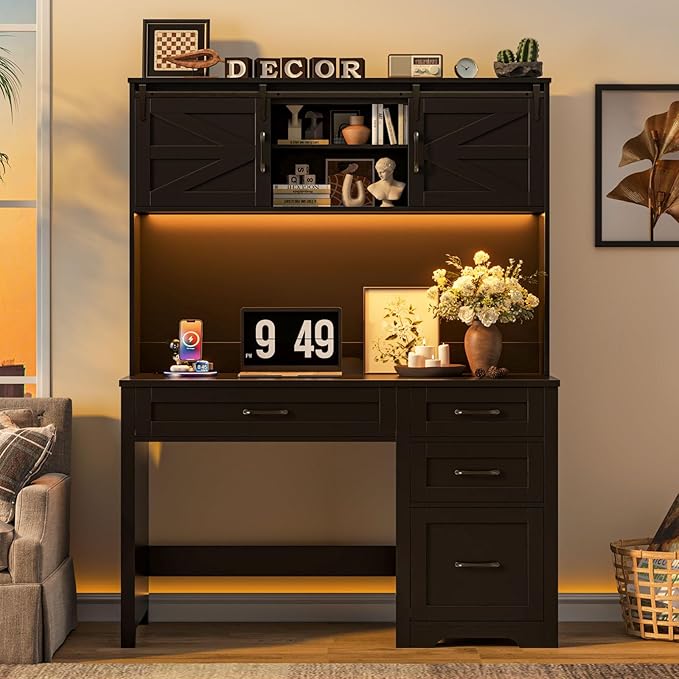 Farmhouse 67" H Executive Desk with Hutch,Computer Desk with Charging Station,Office Table with LED Light and 4 Drawers,File Drawers and Storage Cabinet,Workstation for Home Office.Black