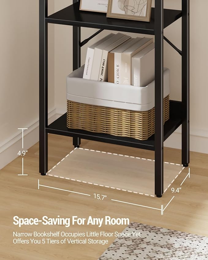 Bookshelf, Book Shelf, Industrial Bookcase with 2 Hooks, Coner Shelf Storage Organizer for Home Office, Living Room, Bedroom, Kitchen, 5-Tier Black BC10504B