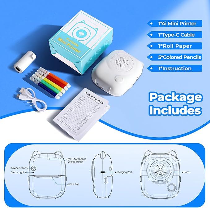 AI Voice Sticker Maker, Mini Bluetooth Thermal Printer for Journaling&Office&Study, Inkless Portable Sticker Printer, Smart Voice-to-Image Generation Printer for Scrapbooking&DIY, iphone & Android