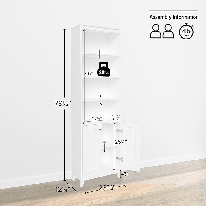Prepac Yaletown Bookcase with Doors, White Storage Cabinet with Doors and Shelves, Accent Cabinet 23.75" W x 79.50" H x 12.25" D, WSBR-2310-1