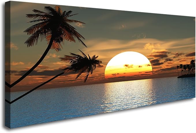 DZL Art S75698 Sunset Coconut Palm Trees Canvas Wall Art Palm Trees on the small island Tropical Scenery Nature Canvas prints Pictures for Living Room Home Office Wall Decor Artwork