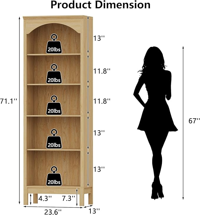 71" H Tall Bookshelf and Bookcase, Farmhouse Book Shelf with 5-Tier Open Shelves, Wooden Bookcase Freestanding Display Bookshelves for Bedroom, Living Room, Natural Wood