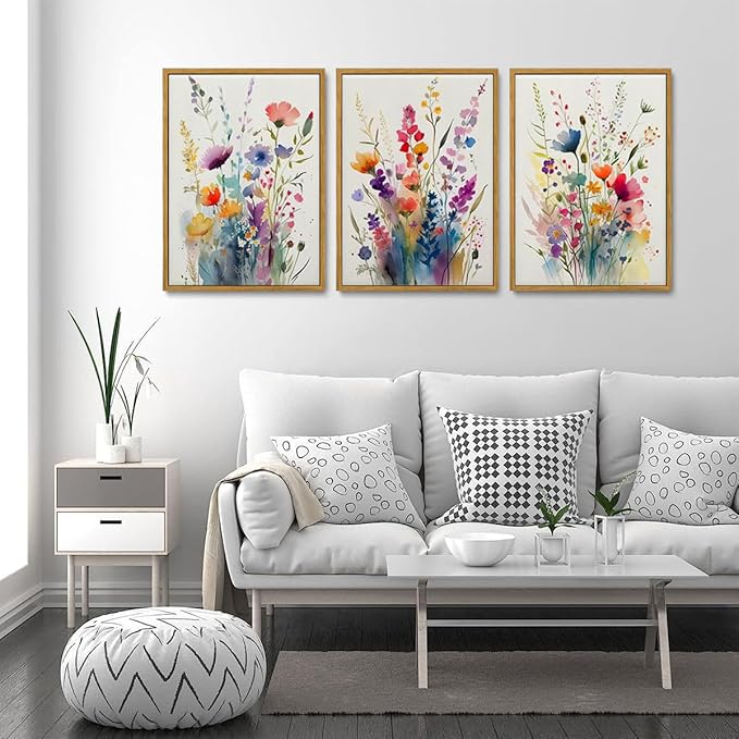 KISSFOX Framed Colorful Wildflower Canvas Wall Art Set Of 3 Flowers Pictures Prints Flowers Printing Floral Watercolors Flower wall Decor Living Room Girls Bedroom Bathroom