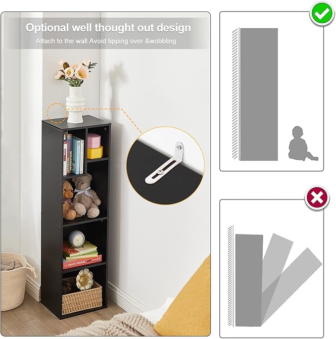 VECELO 4-Tier Slim Bookcase, Modern Storage Cabinet, Slim Bookshelf, Fits Tallest Hardcover, 5 Cubes, Vertical or Horizontal, Easy Assembly, Vintage Black