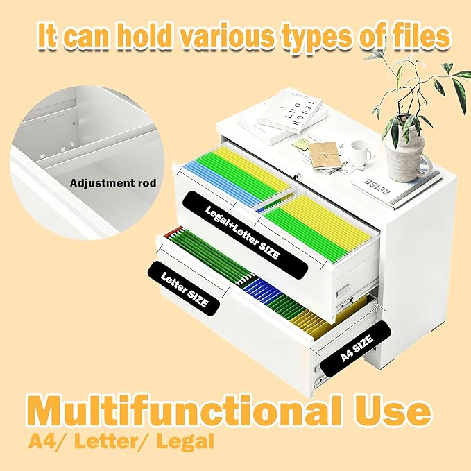 2 Drawer Lateral File Cabinet with Lock, Metal Lateral Filing Cabinets for Home Office, File Cabinet, File Storage Cabinet for Legal/Letter/A4 Documents, Assembly Required, White, 26'W