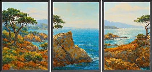 SIGNFORD Framed Wall Art Print Set Bright Coastal Cliffs and Ocean View Vibrant Seascape Digital Art Modern Art Contemporary for Living Room, Bedroom, Office - 16"x24"x3 Black