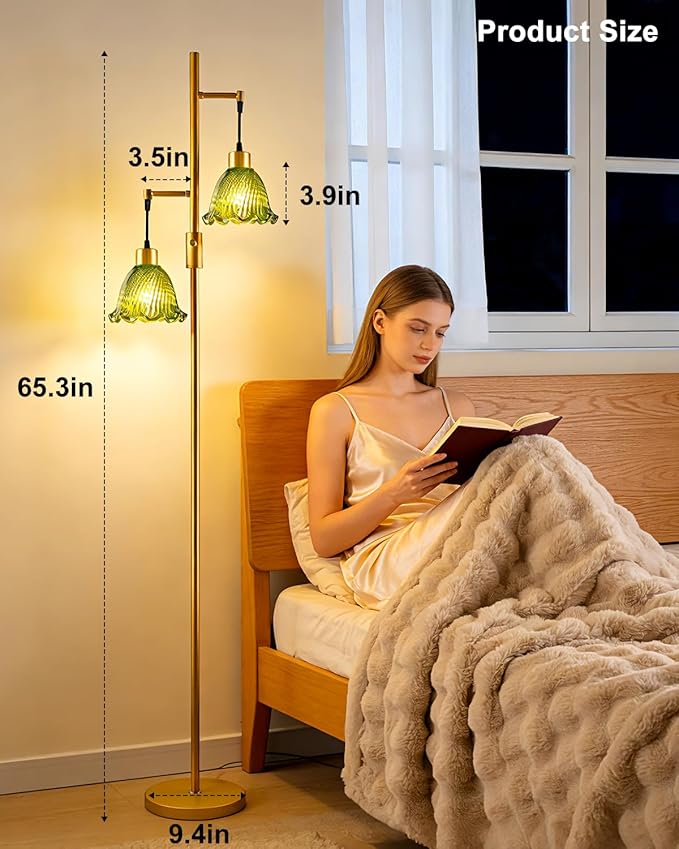 Lightdot 2- Light Gold Flower Floor Lamp for Living Room, 65IN Dimmable Floor Lamps with Green Glass Shade& 3000K Warm White Bulbs, Modern Standing Tall Lamp for Bedroom Office Sofa Beside Home Decor