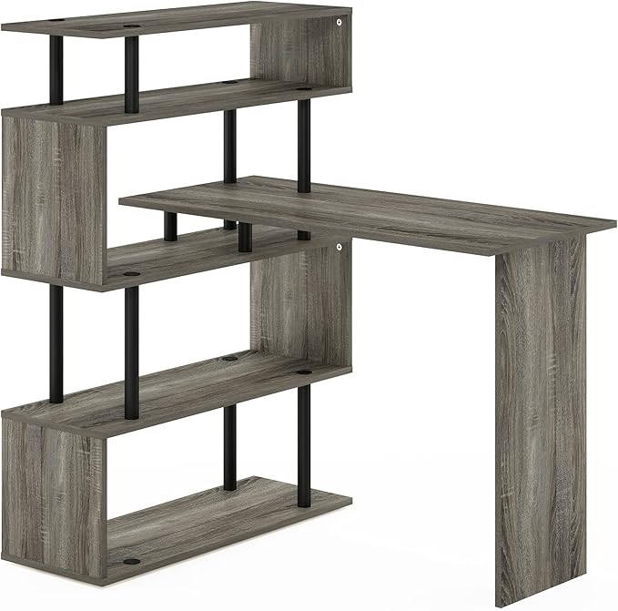 Furinno Classic Desk, 40" Wide L-Shape Gaming Desk, Computer Desk, Writing Desk with 5-Tier S-Shaped Side Shelves for Home Office, Study Room, Dorm, Bedroom, French Oak