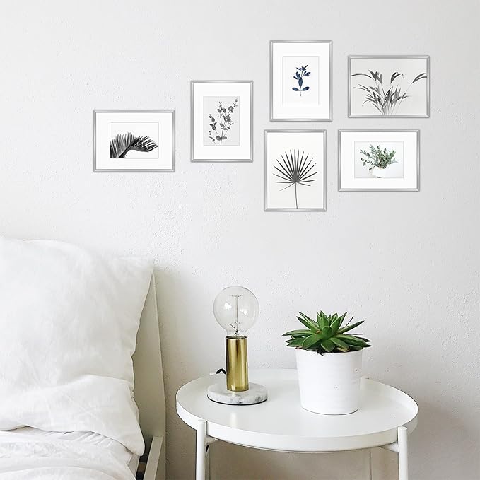 Golden State Art, Gallery Wall Frame Set of 6 - Silver 9x12 Aluminum Photo Frames with Mat for 6x8 Pictures - 9 x 12 inch Metal Frame with Real Glass Cover - Elegant Home or Office Decor