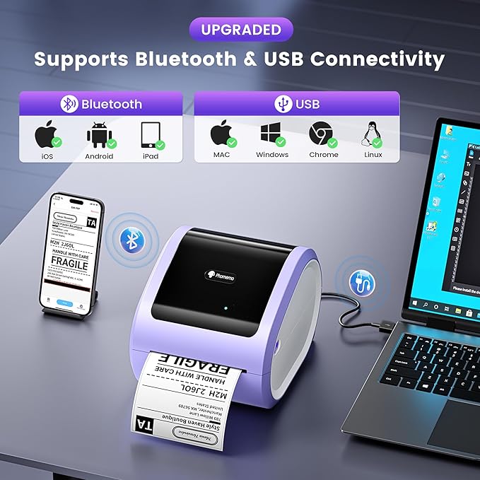 Phomemo D520BT Bluetooth Thermal Label Printer, 4X6 Wireless Shipping Label Printer Build-in Holder, Thermal Label Maker for Shipping Package, Compatible with Amazon, USPS, Shopify, Purple