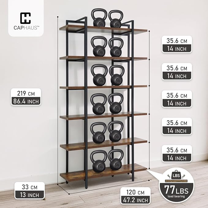 CAPHAUS 6-Tier Book Shelf, 86" H Vintage Industrial Bookcase with Open Display Shelving, Wooden and Metal Shelving Unit, Bookshelves and Bookcases, Stand Shelf for Bedroom, Home Office, Rustic Oak