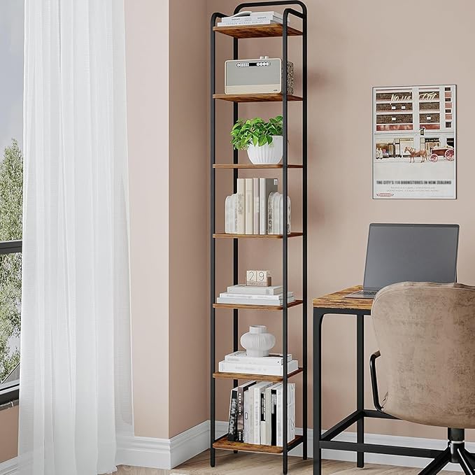 Bookcase Bookshelf, Narrow Book Shelf, Industrial Corner Shelf Storage Organizer, Slim Shelving Unit for Home Office, Living Room, Bedroom, Kitchen, 7-Tier Rustic Brown and Black BC24701B