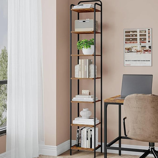 Bookcase Bookshelf, Narrow Book Shelf, Industrial Corner Shelf Storage Organizer, Slim Shelving Unit for Home Office, Living Room, Bedroom, Kitchen, 7-Tier Rustic Brown and Black BC24701B