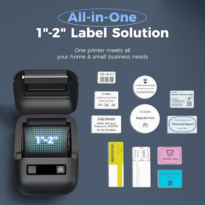 cabaro Label Maker Machine with Tape, 2 Inch Bluetooth Thermal Label Printer, Portable Inkless Sticker Printer for Small Business Office School Home, Barcode Address Logo Labeler for Phone, Black