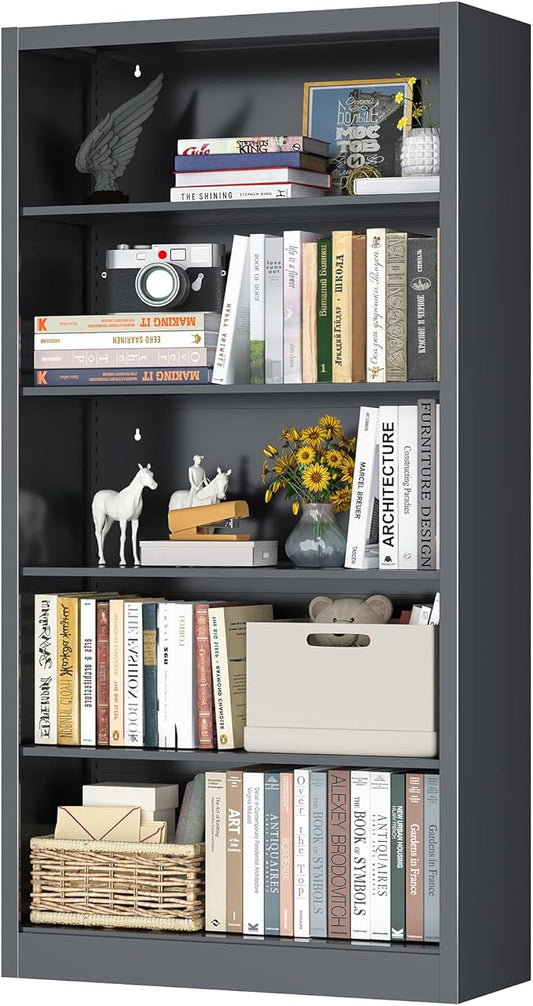 Bookcase, 5 Shelf Bookcases for Books, Garage Kit, CDs, Toys, Bookshelves and Bookcases for Home Office Library Living Room, Metal Book Case with Adjustable Shelves