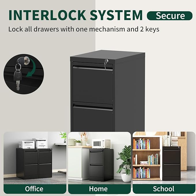 2 Drawer File Cabinet with Lock, Vertical File Cabinet with Lock, Locking File Cabinet Hanging Files for A4/ Legal/Letter, Require Assembly, White