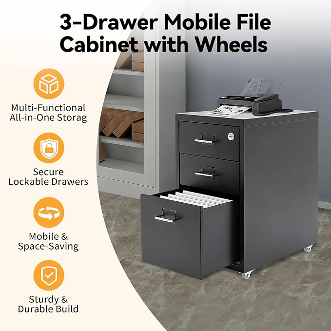 3 Drawer File Cabinet, Lockable Small Filing Cabinet for Home Office, with Wheels, Fits A4 / Letter Size, Steel Office File Cabinets (Black)