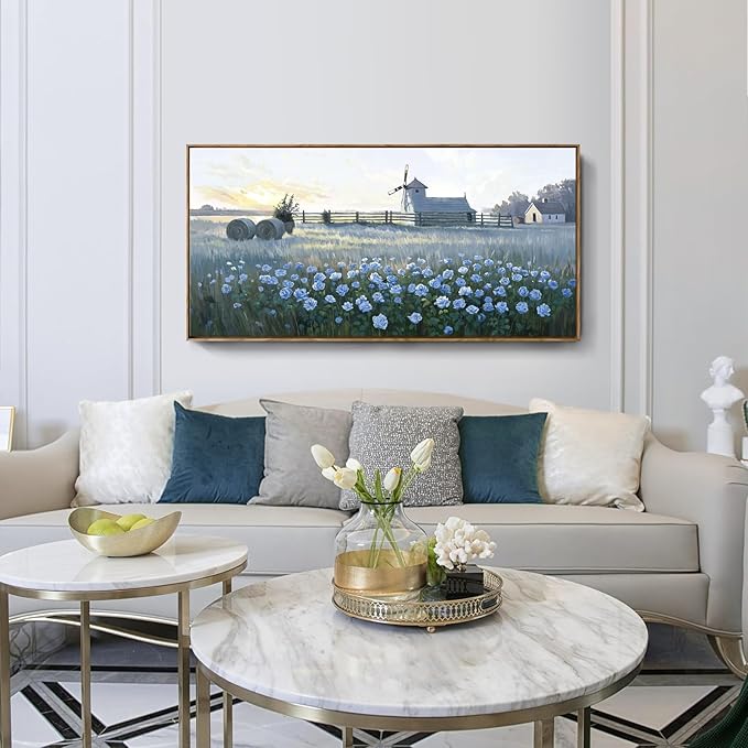 amatop Farmhouse Wall Art, Large Framed Canvas Print - Rustic Vintage Country Landscape with Blue Floral Sunset, Nature Artwork Picture for Dining Room, Living Room, Bedroom and Kitchen Decor (48x24 Inch)