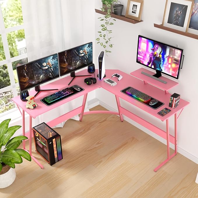 PayLessHere L Shaped Gaming Desk Corner Desk Computer Desk with Large Desktop Studying and Working and Gaming for Home and Work Place,Pink