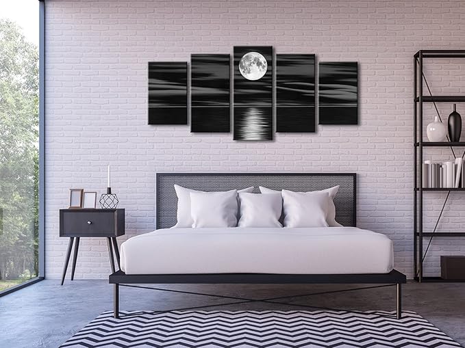 Wieco Art Sea White Full Moon in Night Canvas Print Wall Art Black and White Ocean Beach for Living Room Bedroom Kitchen Home Decorations 5 Piece Modern Abstract Artwork