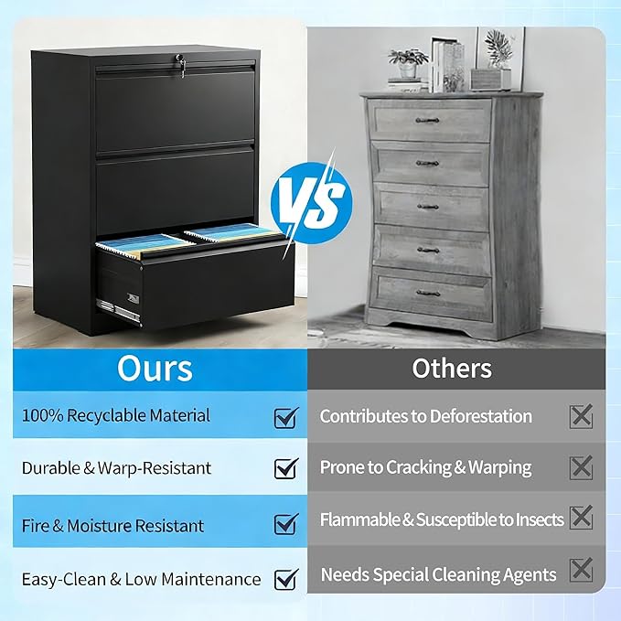3 Drawer Lateral File Cabinet with Lock, Metal Lateral Filing Cabinet for Home Office, Steel Wide Horizontal Filing Cabinets for Letter/Legal/A4/F4 Hanging Files (Black)