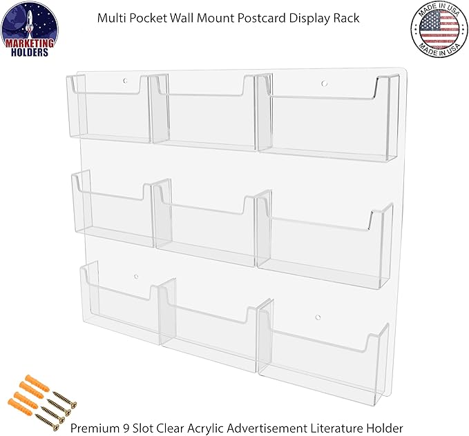 Marketing Holders Post Card Holder Acrylic 9 Pockets Holds 6" Printed Media Hanging Hardware Included Use at Travel Centers Real Estate Offices Hotels Resorts Convention Centers Eye Catching Clear