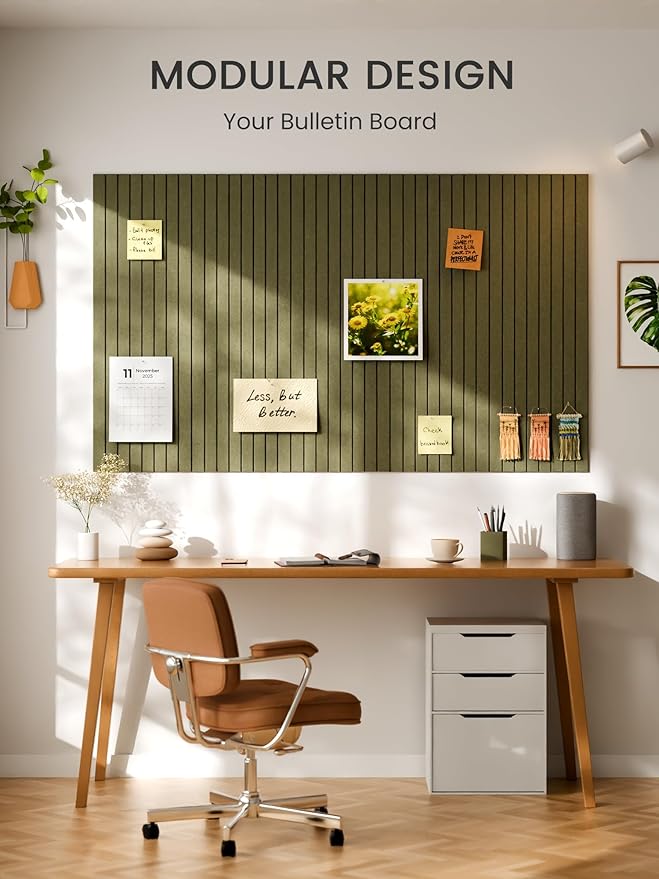 Bumusty Large Cork Board Alternative-36 x 24" Felt Bulletin Board Tiles, with 30 Pushpins, 40 Adhesive Tabs, 6-Pack Slat Wall Paneling, Cork Boards for Office Push Pin Board Felt Board-Olive Green