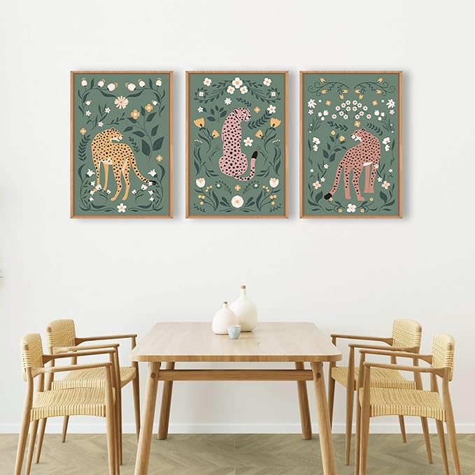 KAIRNE Boho Cheetah Wall Art Set of 3, Floral Leopard with Green Botanical Background, Mid Century Modern Animal Prints for Bedroom, Living Room, Office Decor, Aesthetic Framed Wall Decor, 16x24 Inch