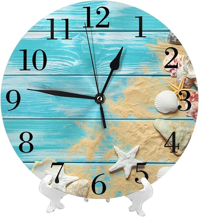 Sea Shells Wood Board Background Wall Clock Battery Operated Silent Ocean Theme Round Clock Wall Decor for Home, Office, School 9.8 Inch