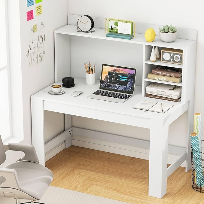 Tangkula 48“ Computer Desk with Hutch, Home Office Writing Study Desk with Storage Shelves, Cable Management Hole, Laptop Desk, Desk for Bedroom, Computer Workstation (White)